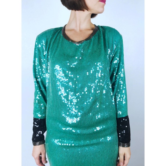 vintage 70s Jade Green HALSTON Sequined COCKTAIL DRESS Small/4 designer party - Picture 6 of 10